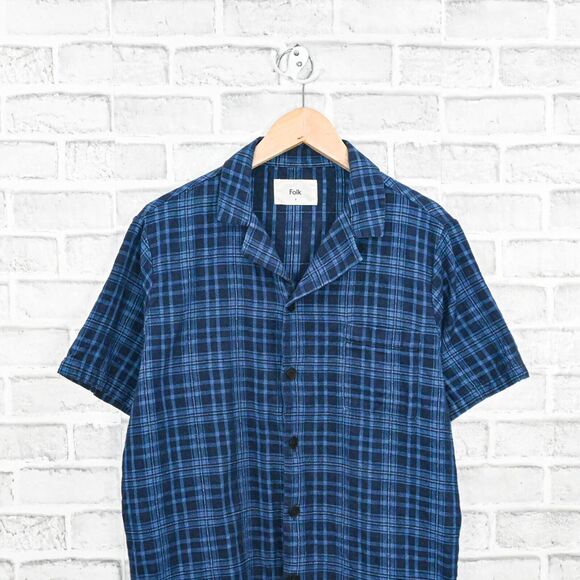FOLK Clothing Men's Junction Shirt button up indigo check size 3 - Picture 3 of 7